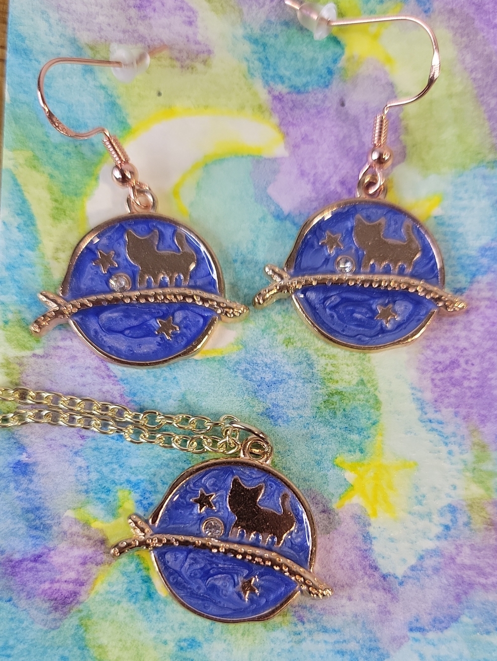 Kitten Star Handmade Necklace & Earrings Set With Watercolor ACEO(2½X3½) Art.